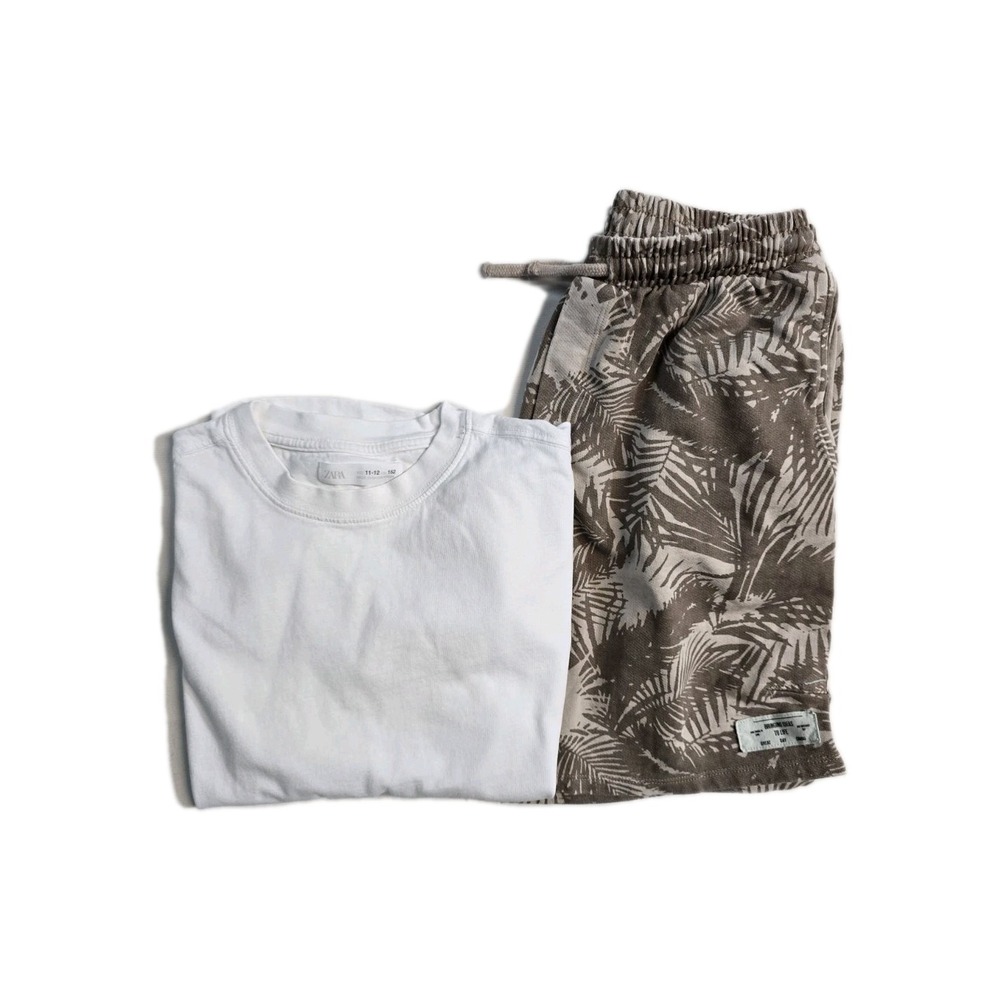 Zara 11-12 Boys  Sweat Shorts Tshirt Brown Drawstrings Lot Of 2